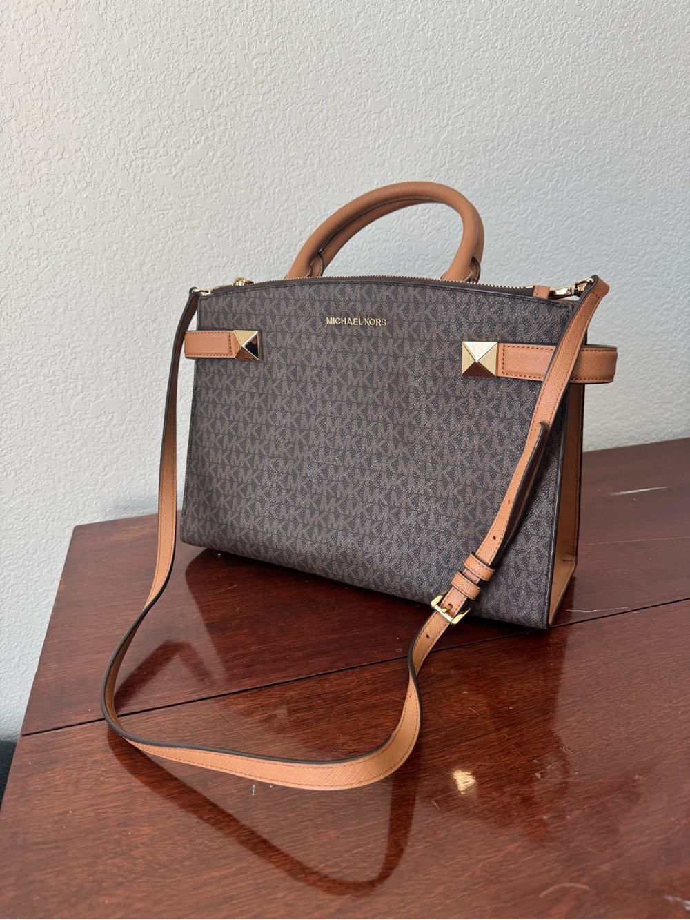 Michael Kors Brown Logo Satchel – Tan Trim + Gold Studs